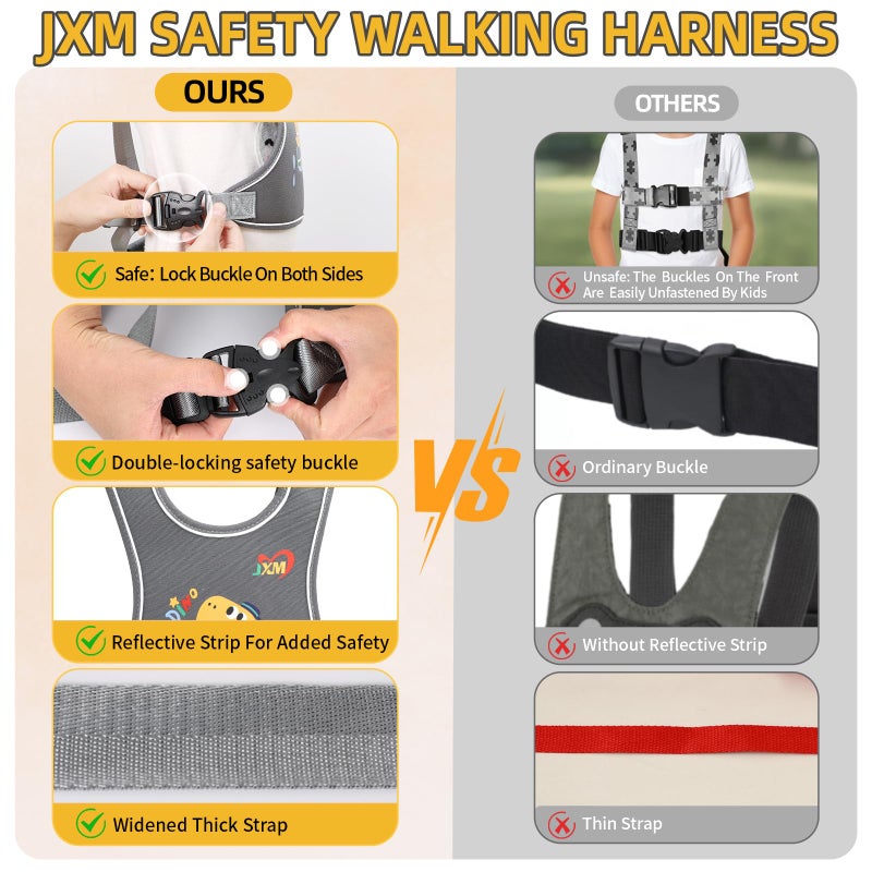 JXM 2025 New Safety Harness with Light Reflector for Active Child (3-6 yrs), Secure Vest Walking Harness with Quick Grab Handle and Pouch, Adjustable Tether Leash for Autism Special Needs ADHD/ASD Kids - Image 3
